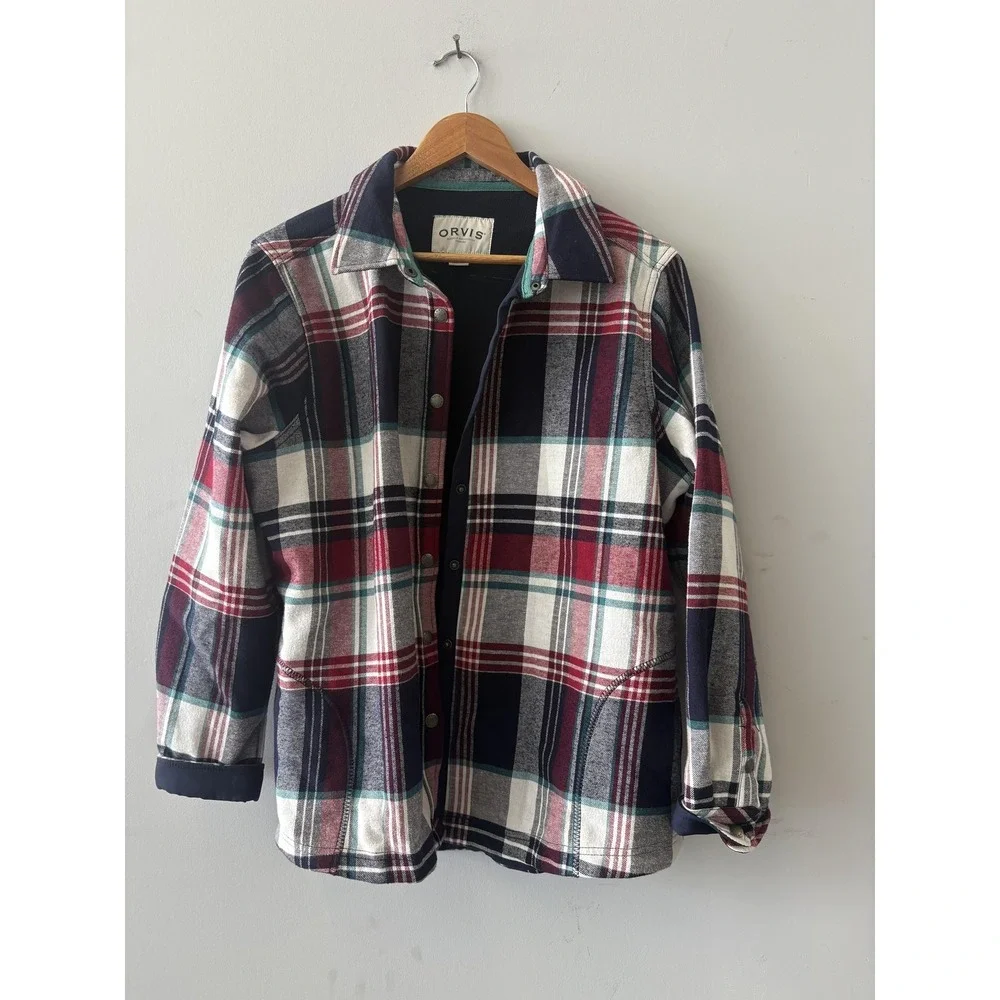 Orvis Jacket Mens XL Multicolor Plaid Flannel Quilted Lined Snap Front Pockets